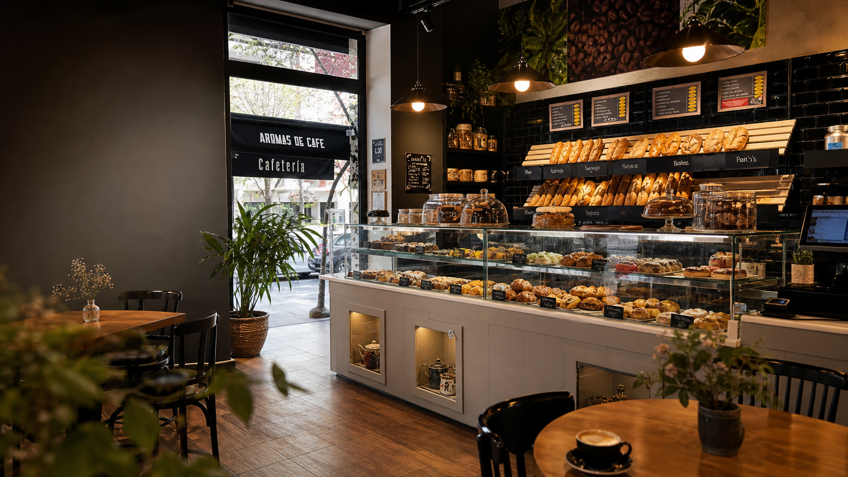 Interior cálido de cafetería con mesas de madera y ambiente acogedor