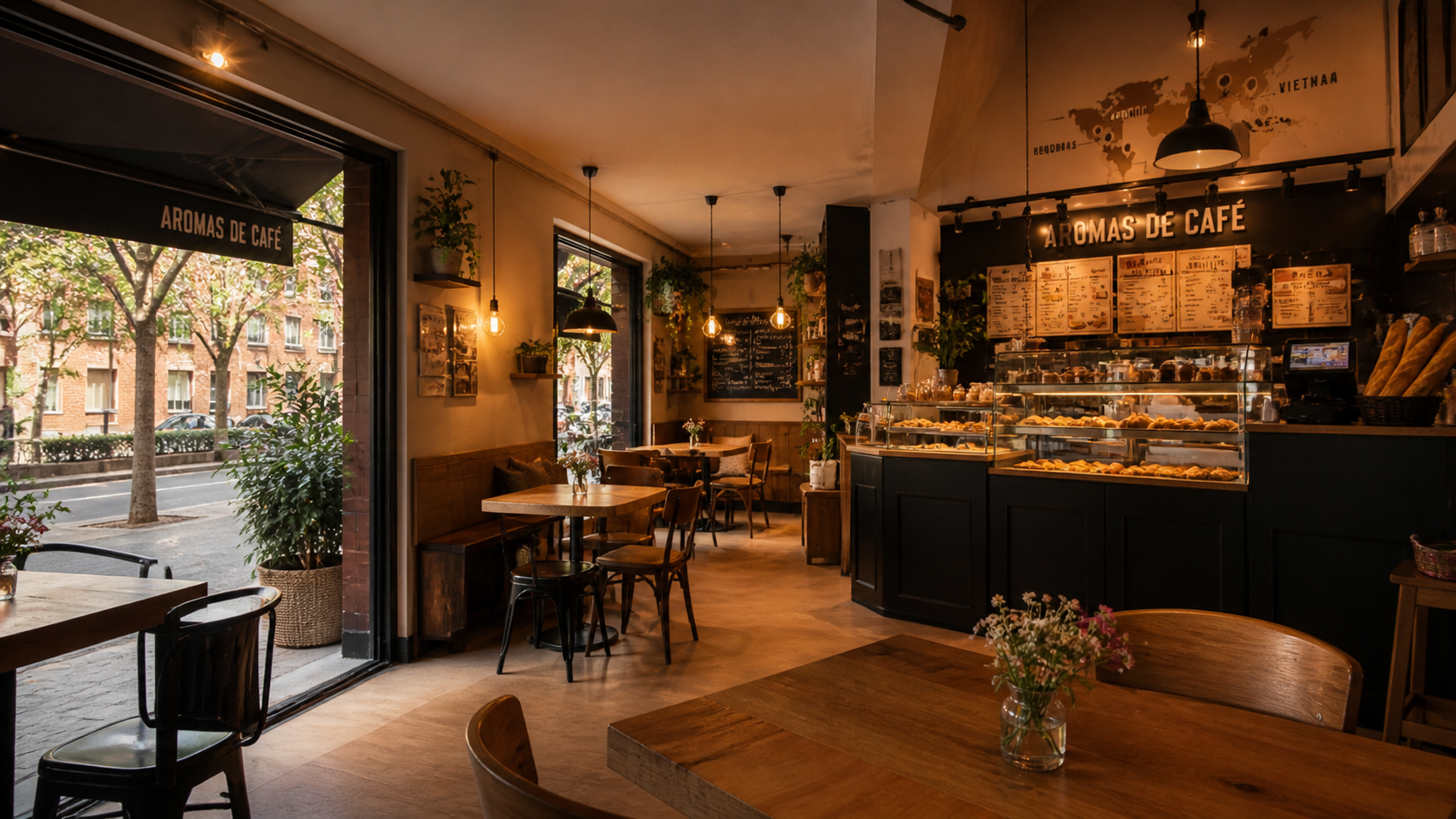 Barra y sala de Aromas de Café con luz cálida
