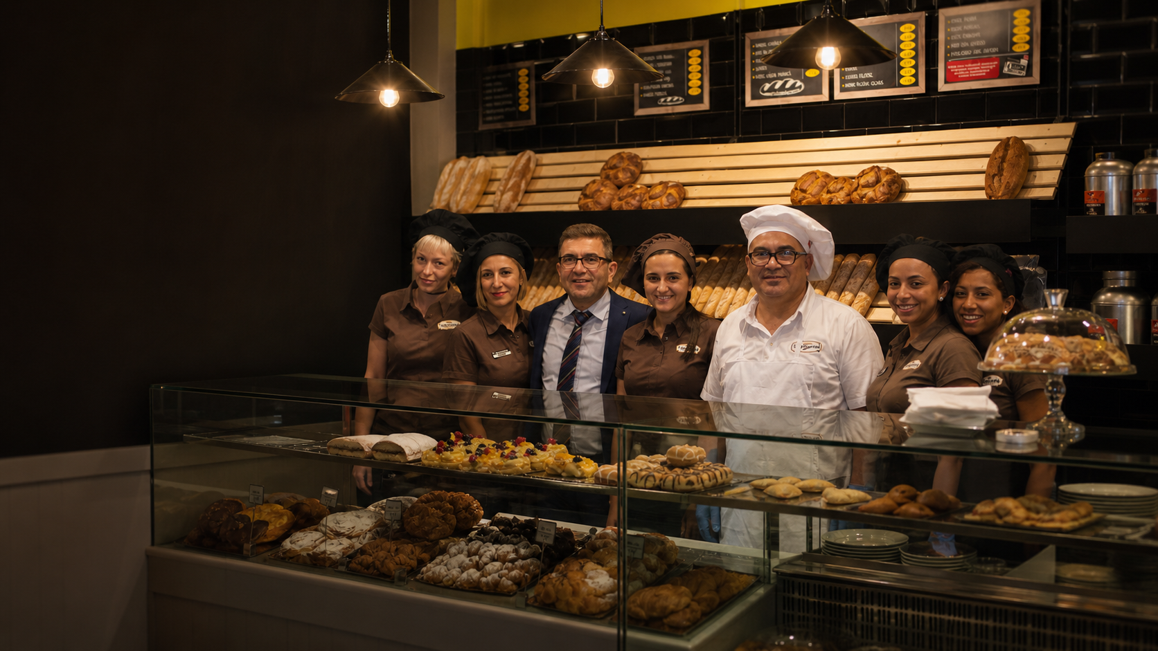 Equipo de cafetería detrás de la vitrina de Aromas de Café